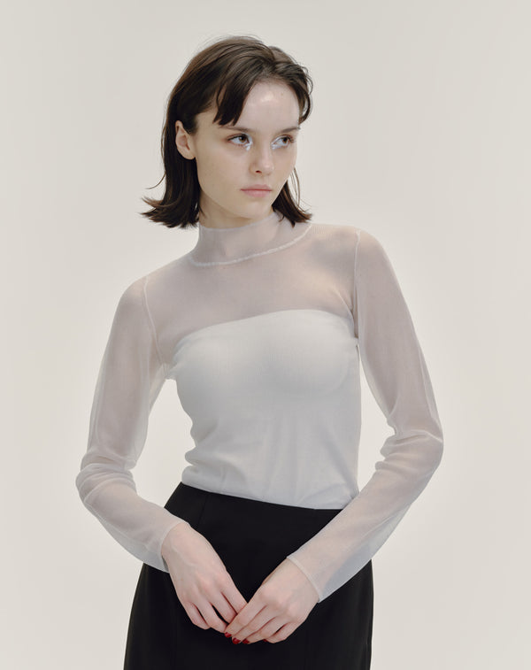 SHEER RIBBED HIGH NECK KNIT