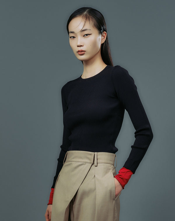 LAYERED SLEEVE CREW-NECK KNIT TOP