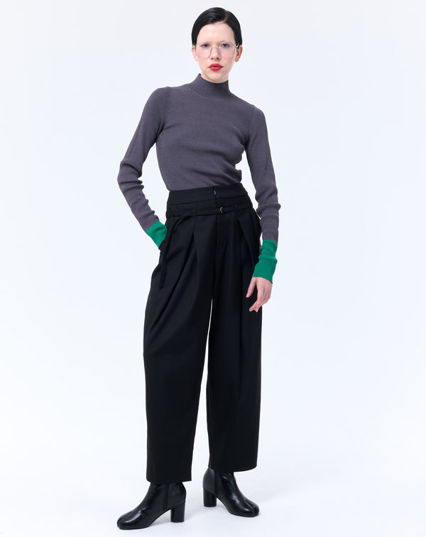 BELTED DESIGN TUCK PANTS