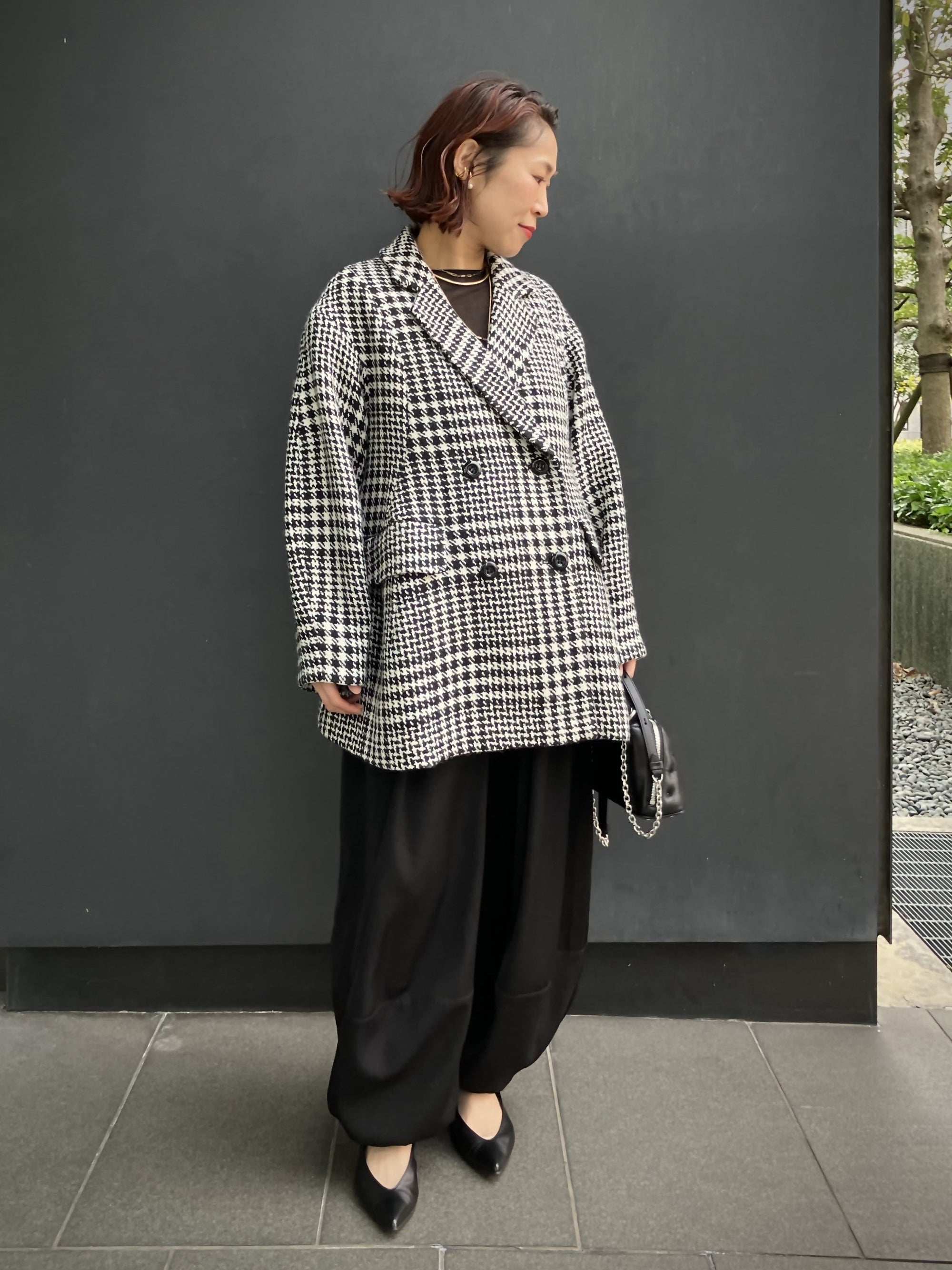 WOOL CHECK LANTERN SILHOUETTE COAT