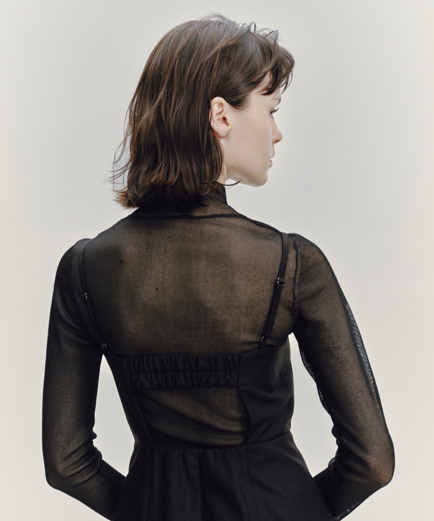 SHEER RIBBED HIGH NECK KNIT