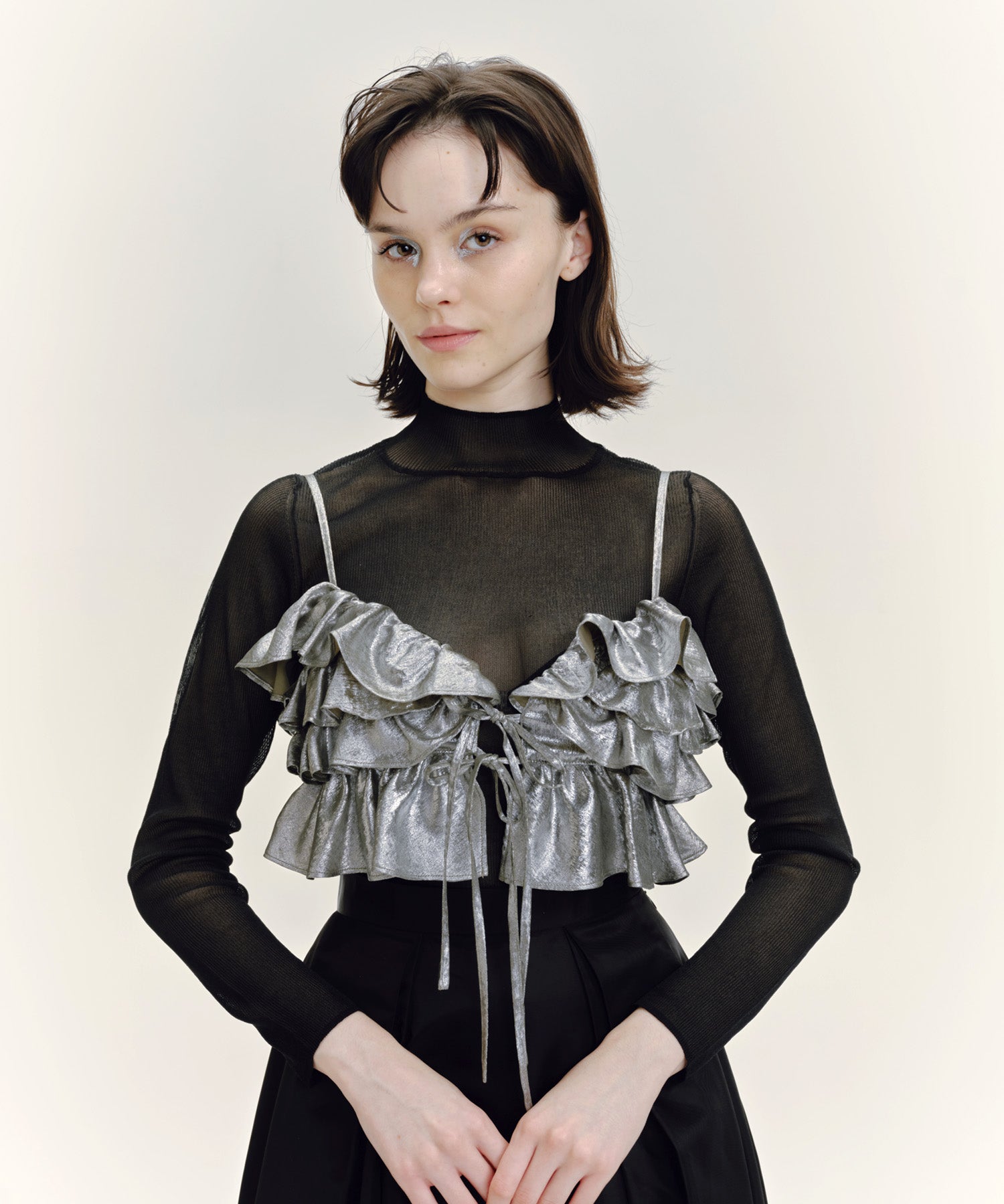 SHEER RIBBED HIGH NECK KNIT