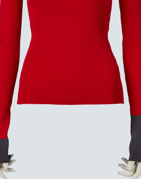 TWO-TONE HIGH-NECK KNIT TOP