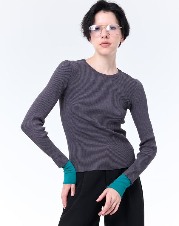 LAYERED SLEEVE CREW-NECK KNIT TOP