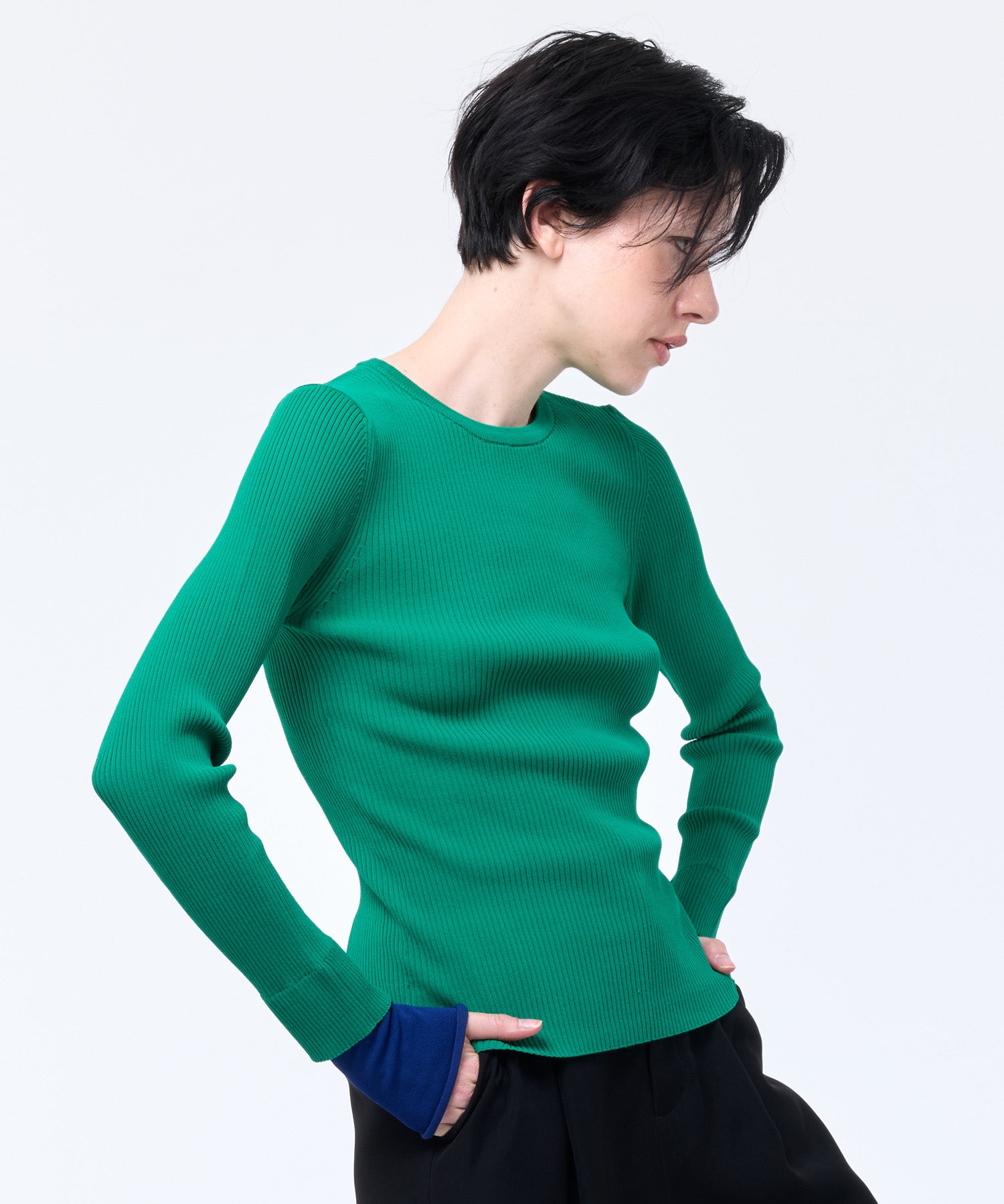 LAYERED SLEEVE CREW-NECK KNIT TOP