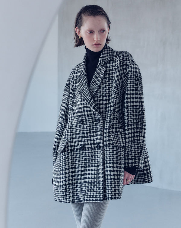 WOOL CHECK LANTERN SILHOUETTE COAT