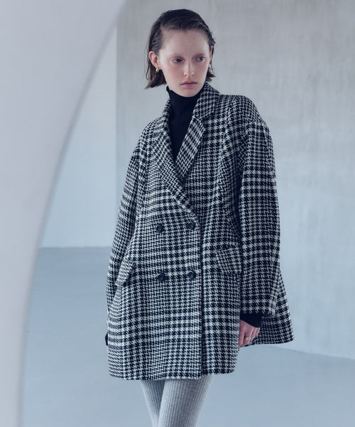 WOOL CHECK LANTERN SILHOUETTE COAT