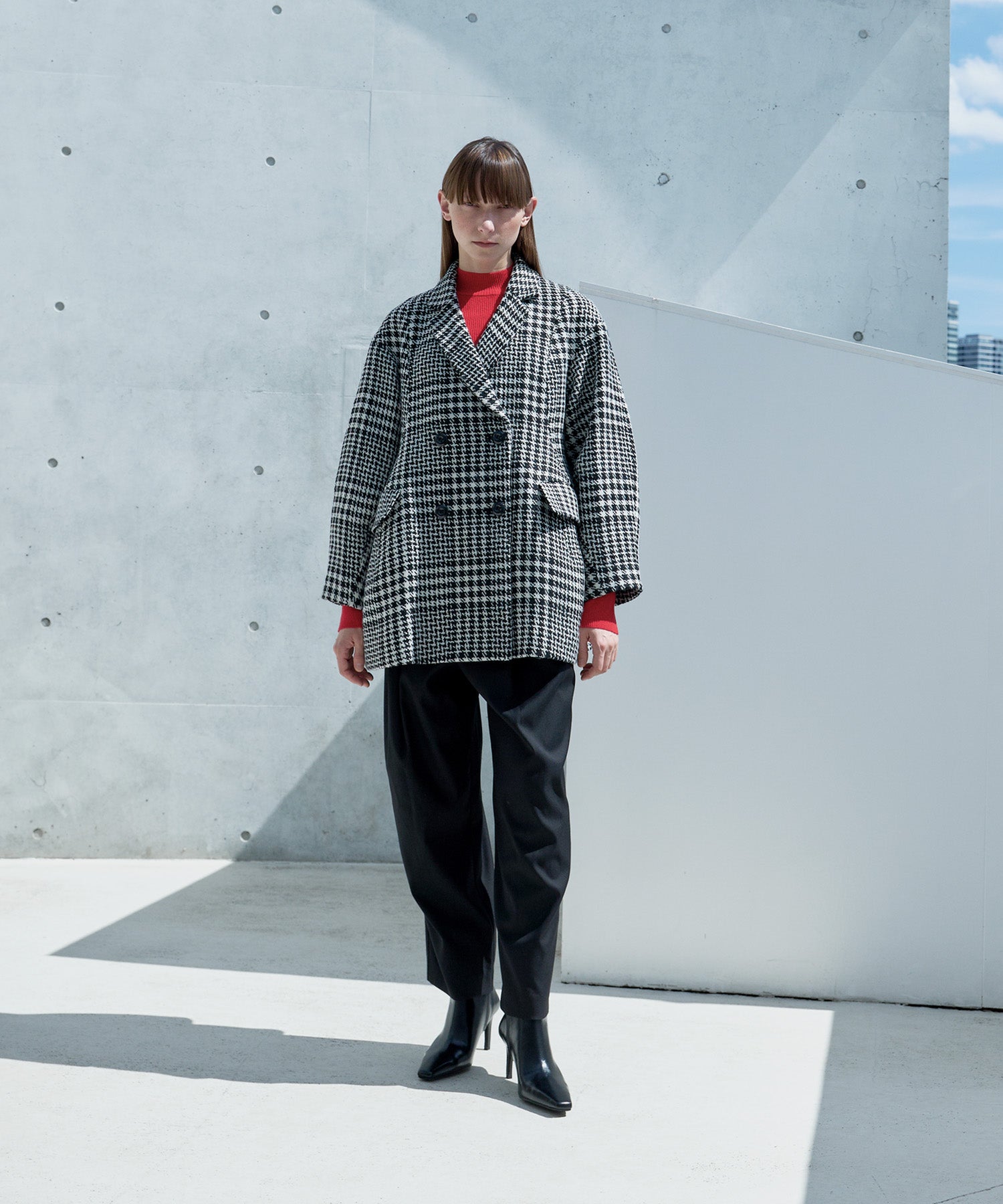 WOOL CHECK LANTERN SILHOUETTE COAT
