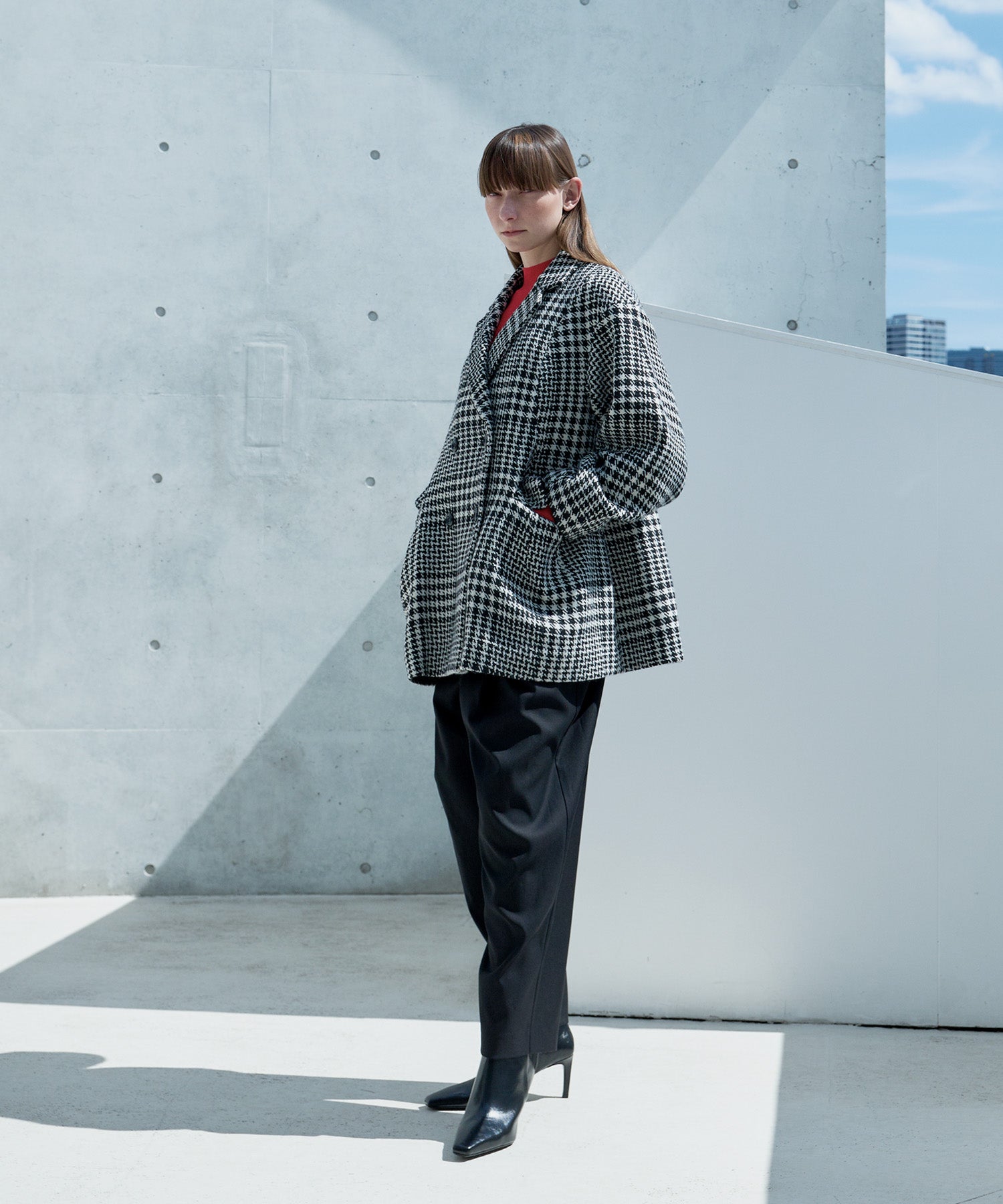 WOOL CHECK LANTERN SILHOUETTE COAT