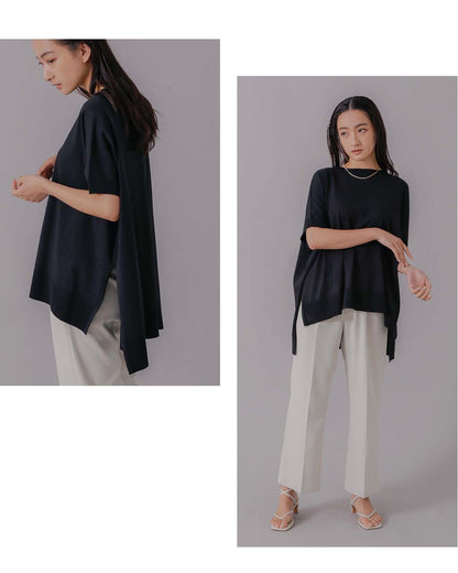ワイドシルエット ニットTシャツの横姿・全身コーディネート