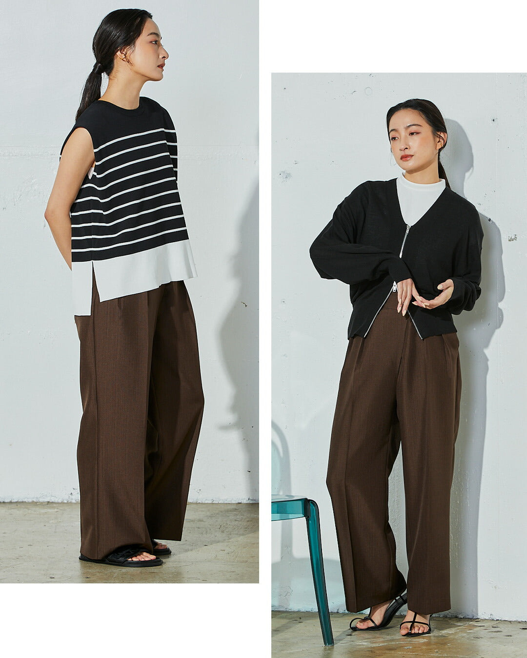 ラップフロント ワイドスラックスの全身コーディネート4